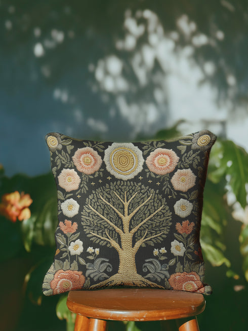 A square charcoal black decorative pillow cover made from a linen-feel fabric. The design features a large, central Tree of Life in antique gold and sage green, with intricate roots at the base. The tree is surrounded by a symmetrical pattern of stylized folk art flowers in muted blush pink, terracotta, and off-white. The print has a faux embroidered, tapestry-style texture. In each of the four corners is a circular, sun-like medallion, completing the ornate, botanical noir design.